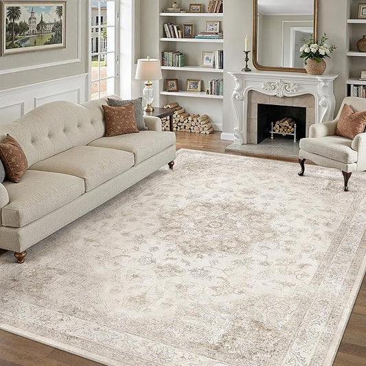 PureCozy Beige Area Rug 7x10 Washable Living Room Carpet Vintage Non Slip Soft Bedroom Indoor Office Retro Low Pile Thin Oriental Medallion Large Rug for Dining Room Bathroom Playroom
