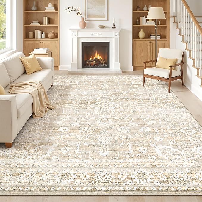 Soalmost 6x9 Area Rugs for Living Room, Washable Neutral Soft Rug Beige | Vintage Floral Non-Slip Low Pile Throw Large Carpet for Dining Room Bedroom Kitchen Home Office Nursery 6'x9'