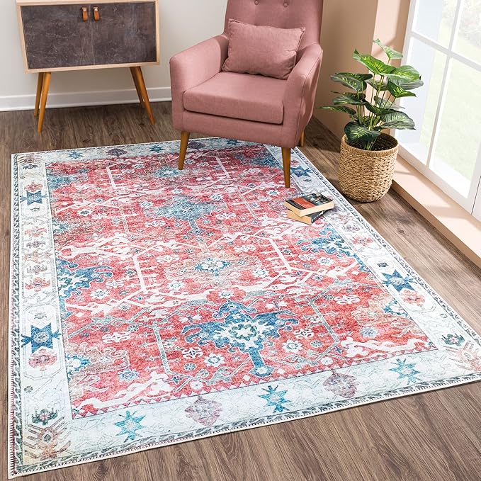 Bloom Rugs Washable Non-Slip 6' x 9' Rug - Red/Blue Traditional Area Rug for Living Room, Bedroom, Dining Room, and Kitchen - Exact Size: 6' x 9'