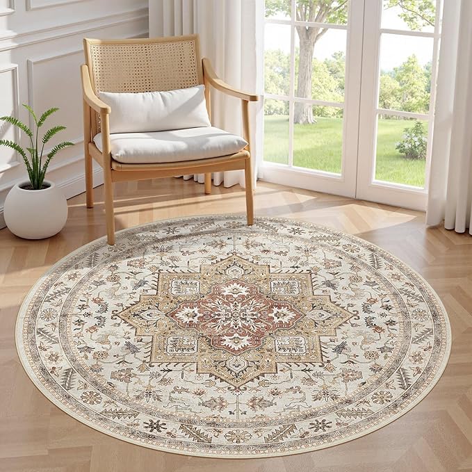5ft Round Vintage Living Room Area Rug - 5x5 Large Soft Washable Oriental Traditional Distressed Farmhouse Rugs for Bedroom - Indoor Floor Accent Carpet for Home Office House Decor - Golden Taupe