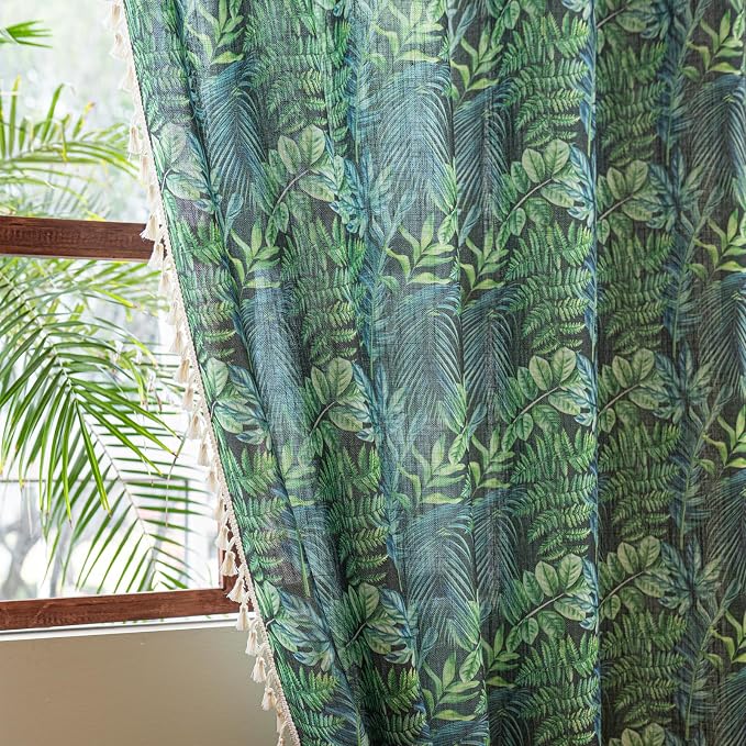 Deeprove Boho Curtains Tropical Botanical Leaves Print 63 Inches Long Fringes Natural Rainforest Plant Window Treatments for Summer Bedroom Aesthetic Privacy 2 Panels Pair 52W x 63L