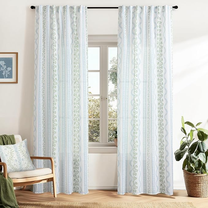 102 Inch Long Blue and Green Floral Curtains for Living Room, Semi Sheer Floor to Ceiling Drapes, Cottage Core Linen Pattern Printed Drapes