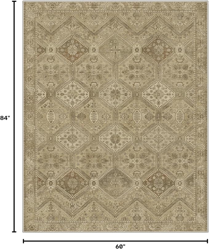 GENIMO 5x7 Area Rugs for Living Room, Machine Washable Non Slip Vintage Rugs, Low Pile Lightweight Print Rug for Bedroom, Dining Room, Home Office, Tan Brown