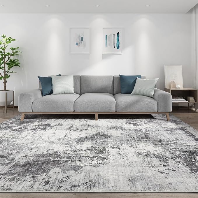 Abstract 7x9 Area Rug: Machine Washable Non Slip Ultra Thin Low-Pile Carpet, Soft Stain Resistant for Living Room Bedroom Nursery, Kid Pet Friendly, Robot Vacuum Compatible - Grey