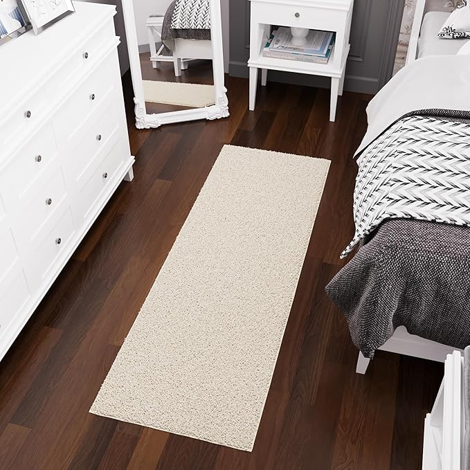 Ottomanson Bedroom Shag Runner Rug 2' x 6', Fluffy Bedside Runner with Non-Slip Rubber Backing, Soft Non-Shedding Accent Rug for Nursery, Dorm, Entryway, Cream