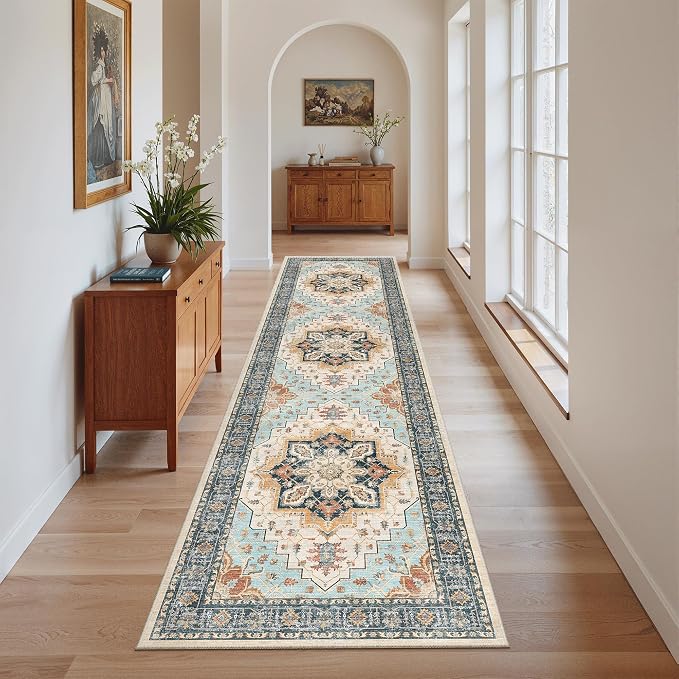 Madane Runner Rug 2x8, Washable Hallway Runner Rugs, Non-Slip Low-Pile Soft Kitchen Rug Runner Laundry Room Rug, Vintage Throw Entry Foyer Mat for Entrance Living Room (Orange/Blue, 2 x 8)