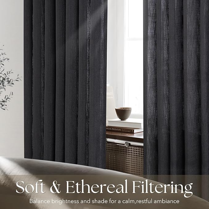 Pinch Pleated Linen Black Curtains 102 inch Length for Living Room 2 Panel Set Light Fitering Semi Sheer Black Window Curtain Pinch Pleate with Hooks Rustic Farmhouse Bedroom Long Drapes 102