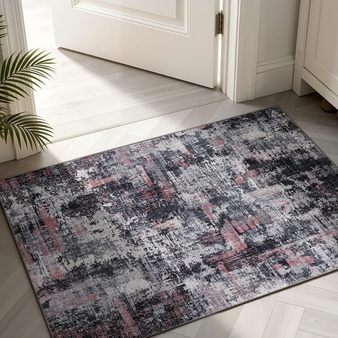 Sasttie 2x3 Area Rug for Entryway, Washable Modern Abstract Small Carpet for Living Room Bedroom Door-mat, Soft Entry Rug with Non-Slip Backing, Black and Pink