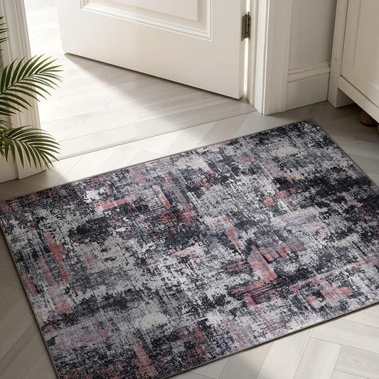 Sasttie 2x3 Area Rug for Entryway, Washable Modern Abstract Small Carpet for Living Room Bedroom Door-mat, Soft Entry Rug with Non-Slip Backing, Black and Pink