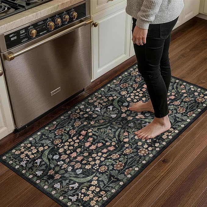 2x4 Washable Runner Rug Kitchen Hallway Area Rug Vintage Boho Floral Ultra Non-Slip Low Pile Soft Faux Wool Carpet Kids and Pets Friendly for Bathroom Bedroom Entryway Nursery Home Rug Black