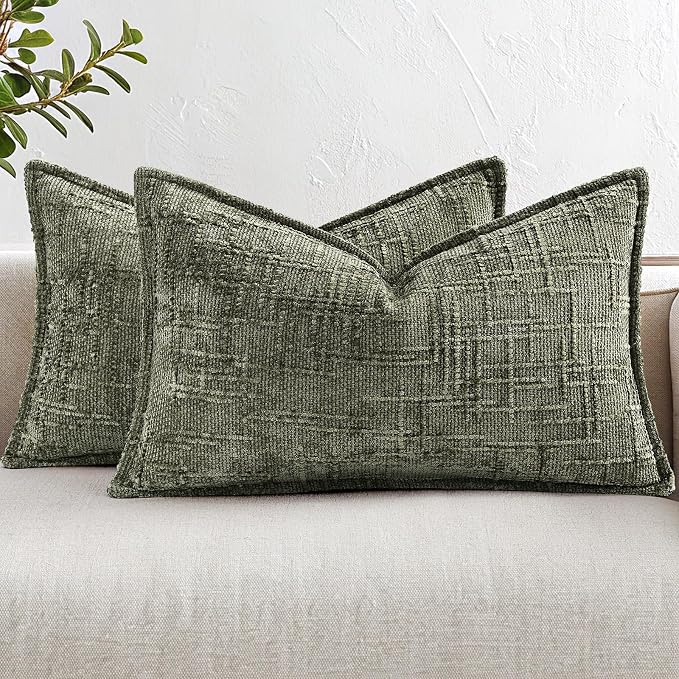 decorUhome Chenille Throw Pillow Covers 12X20 Set of 2, Soft Textured Slubby Modern Decorative Pillow Covers with Elegant Design for Couch, Sofa, Living Room, Olive Green