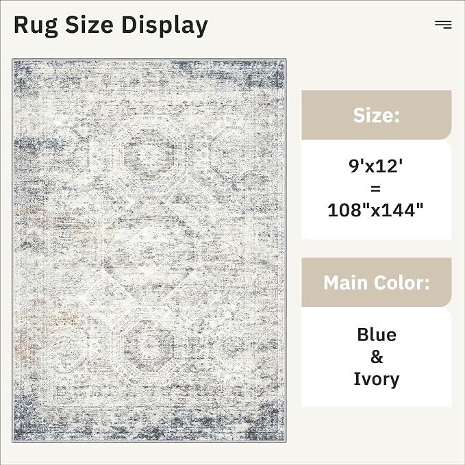Soalmost 9x12 Area Rugs for Living Room, Non Slip Machine Washable Vintage Rugs, Low Pile Lightweight Large Rug for Bedroom, Dining Room, Home Office Blue/Ivory