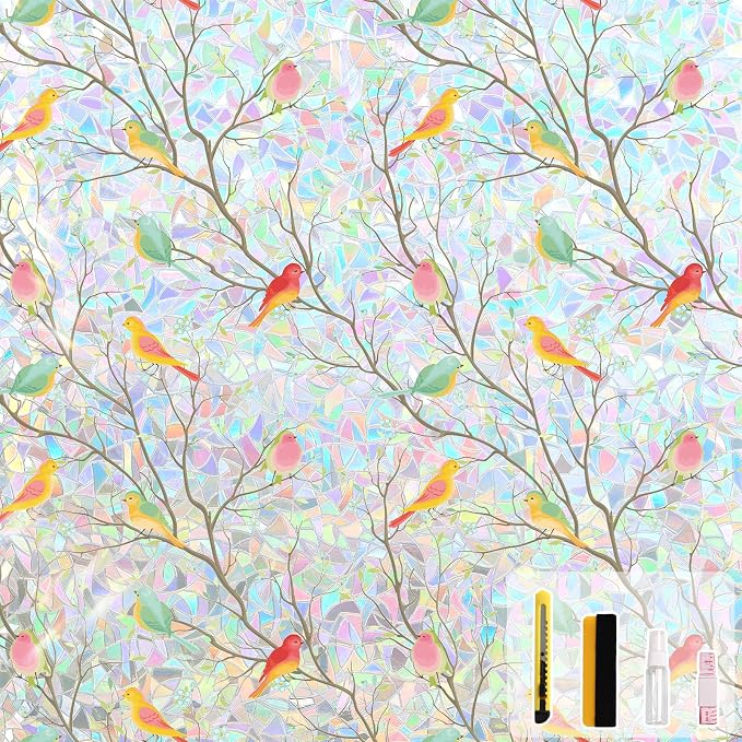 Kromapolis Window Privacy Film, Stained Glass Sticker Window Clings, Decorative Static Clings UV Blocking Colorful Decals, Removable Vinyl Covering Rainbow Bird，23.6'' x 157.4''