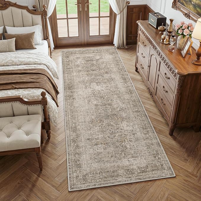 Fmfunctex 3x7 Runner Rug Taupe Washable Vintage Neutral Distressed Non Slip Low Pile Indoor Carpet Soft Retro Floral Hallway Entryway Rug for Kitchen Living Room Bedroom Bathroom Laundry Entry Bedside