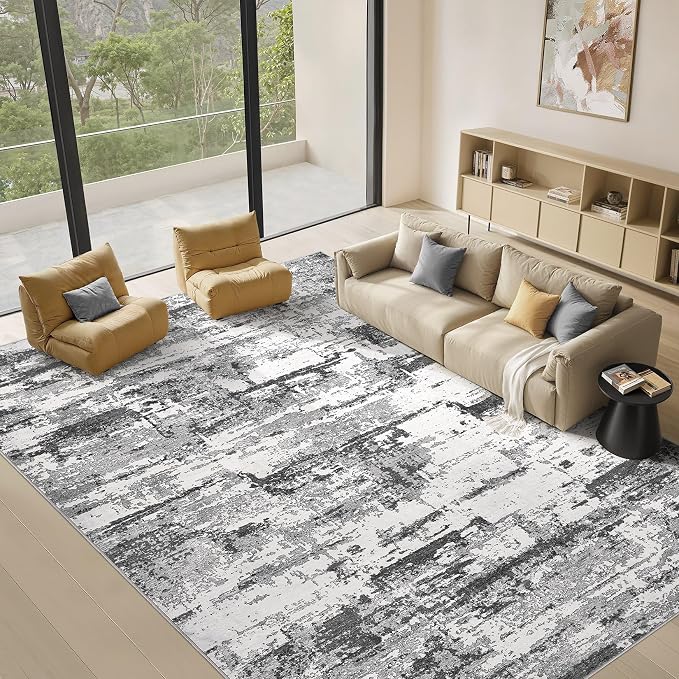 Area Rugs for Living Room: 9x13 Abstract Washable Rug Modern Neutral Large Soft Stain Resistant Non-Slip Backing Machine Table for Bedroom Dining Room Indoor Home Office Carpet - Black Grey