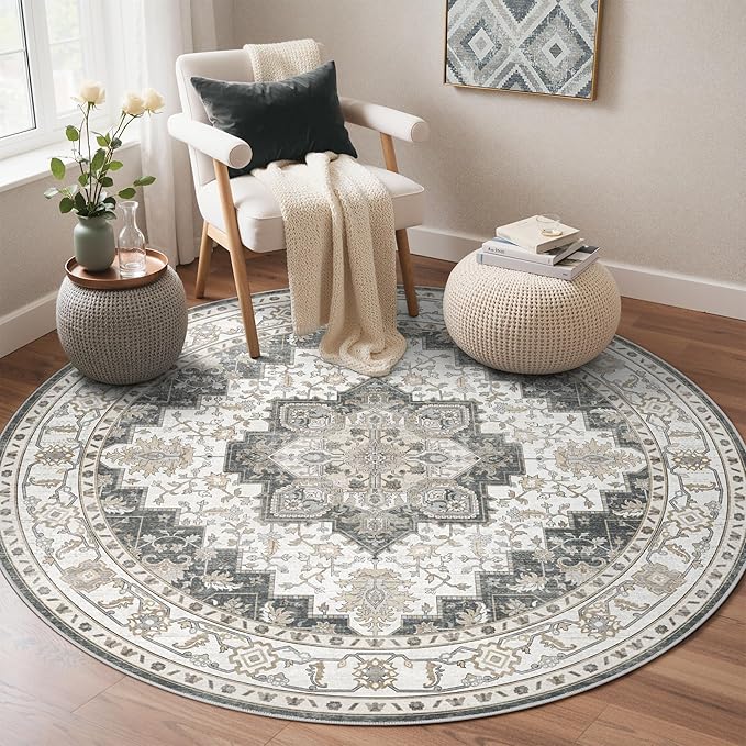 GENIMO 5FT Round Area Rugs for Living Room, Circle Rugs Machine Washable Low Pile, Chenille Non Slip Vintage Rug for Bedroom, Dining Room, Home Office, Heathered Grey