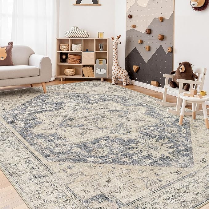 9x12 Area Rugs for Living Room - Large Carpet Ultra Thin Soft Washable Oriental Vintage Floral Distressed Big Indoor Carpets for Bedroom Nursery Dorm Home Decor Aesthetic - Blue Beige