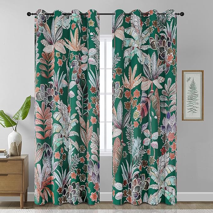 Estelar Textiler Green Printed Blackout Curtains 90 inches Long Living Room,Boho Bedroom Curtains Grommet Thermal Insulated Room Darkening Leaves and Petals Pattern Drapes,52x90 Inch,2 Panels