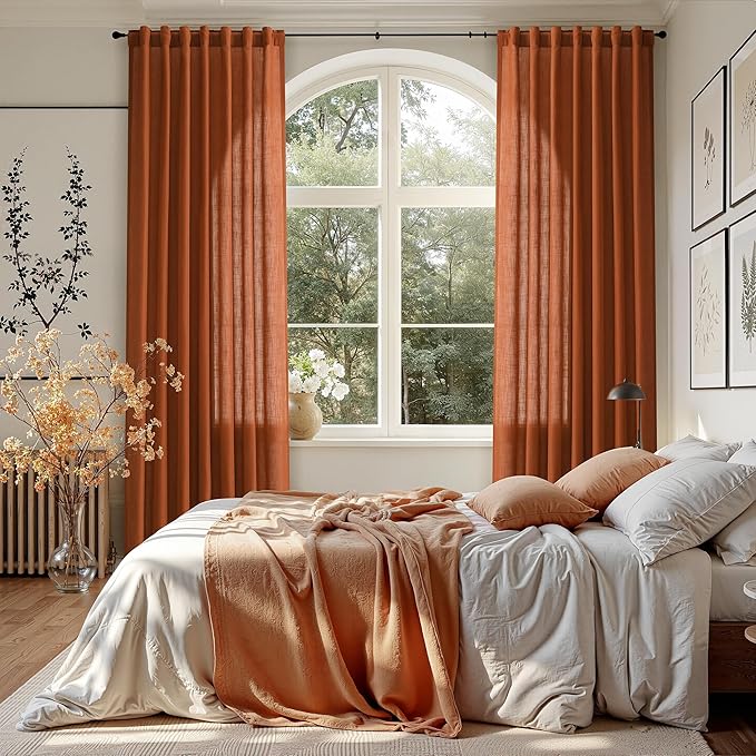 Nanspring Rust Linen Curtains for Living Room 90 Inches Long Light Filtering Semi Sheer Curtain Back Tab and Rod Pocket Vintage Rustic Luxury Home Decor Drapes for Bedroom Office 52x90, 2 Panels