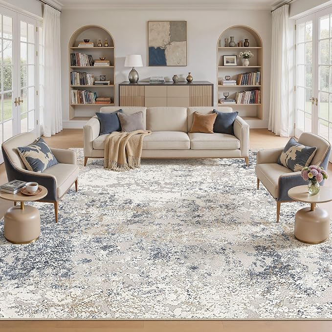 DMOYEST Square Area Rug Living Room Rugs - 12x12 Washable Large Soft Indoor Neutral Modern Abstract Low Pile Rug Carpet for Bedroom Dining Room Farmhouse Home Office - Beige Blue