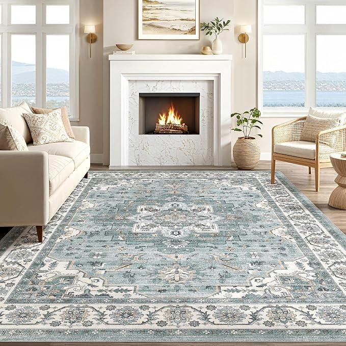 Vintage Living Room Area Rug 8x10 - Large Soft Washable Oriental Traditional Distressed Farmhouse Rugs for Bedroom - Indoor Floor Accent Carpet for Home Office House Decor - Denim Blue