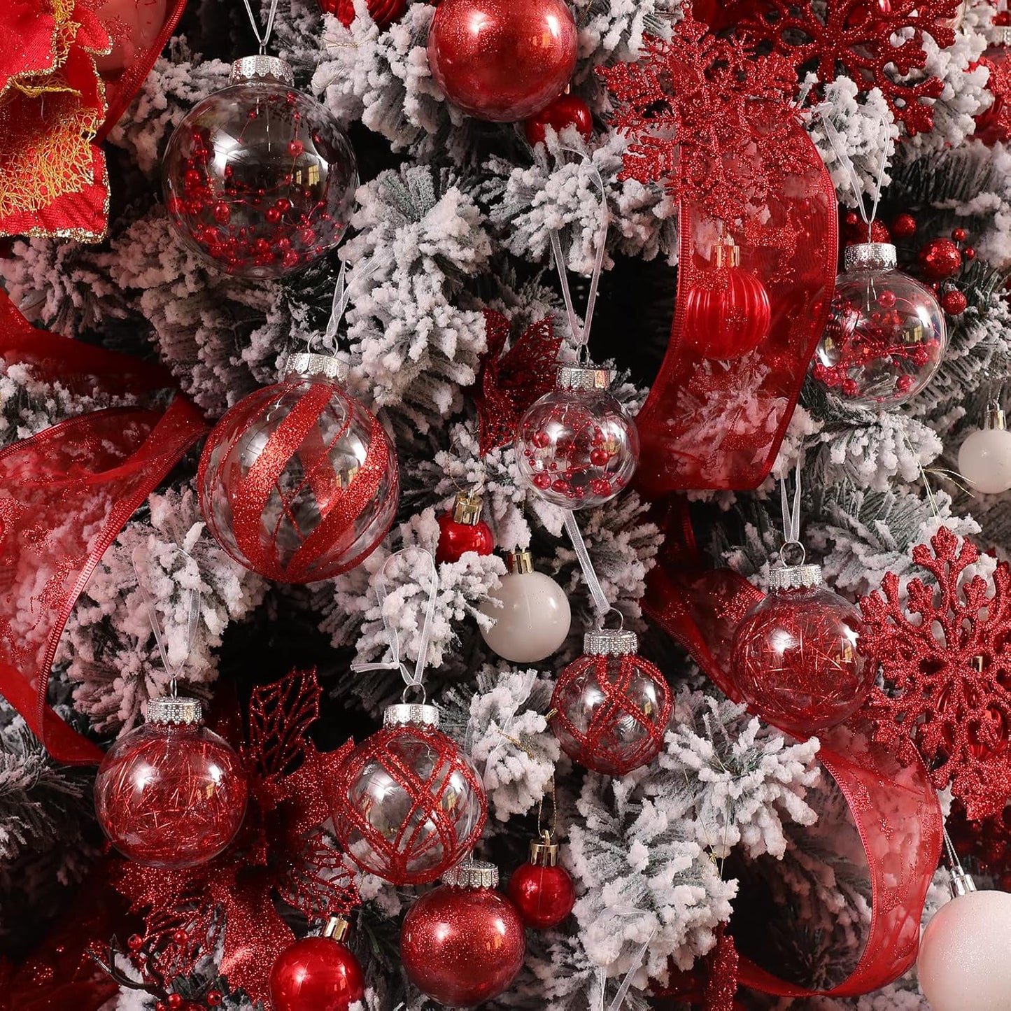 Clear Christmas Ball Ornaments,24ct Shatterproof Plastic Decorative Christmas Ornaments Hanging Xmas Tree Baubles Set with Stuffed Delicate Glittering Decorations for Holiday Party Home Decor (Red)
