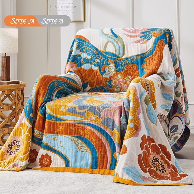 Boho Blanket Soft Muslin BohoThrow Blanket, 100% Cotton Floral Printed Farmhouse Decor All Season Reversible Rustic Throw for Sofa Couch Chair (60"x80")