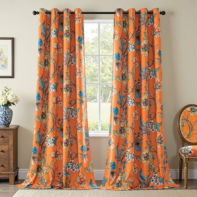 MYSKY HOME Floral 95% Blackout Curtains 108 inches Length 2 Panels Set Black Out Thermal Insulated Privacy Protect Vintage Spring Window Treatment Grommet Top for Living Room Dining Room, Orange