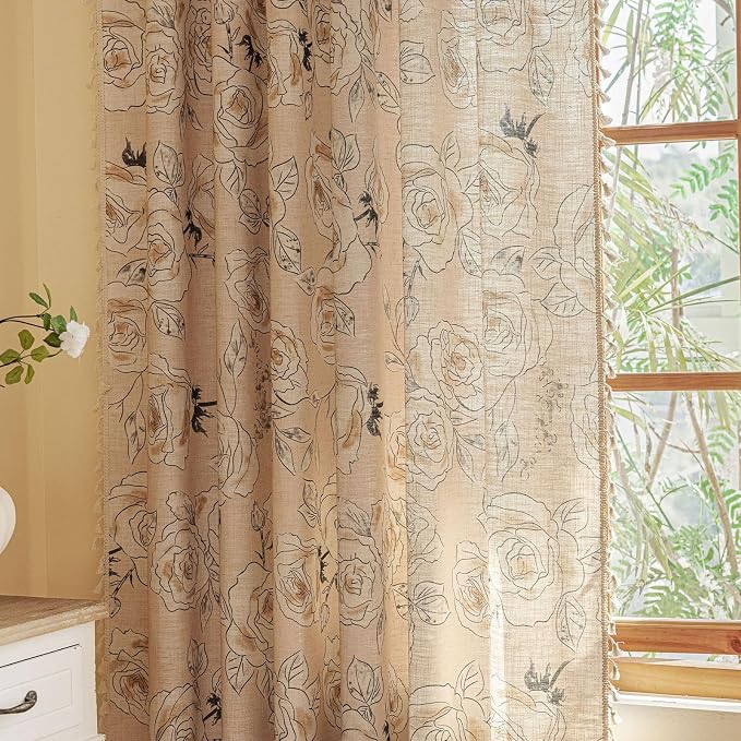 OYX Boho Floral Semi-Blackout Curtains for Bedroom, 2 Panels 52x96 Inches, Grey Rose Vintage Country Pattern with Tassels, Rod Pocket Design, Farmhouse Window Treatments