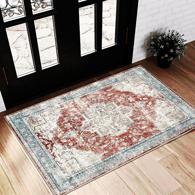 CHAMPLANT Red Blue 2'x3' Washable Area Rugs Door Mat Vintage Distressed Doormat Indoor Entrance Traditional Floral Print Non Slip Carpet Thin Rug for Kitchen Bathroom Bedroom Living Room