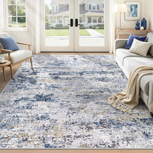 6x9 Area Rugs for Living Room: Washable Abstract Neutral Rug Modern Soft Non Slip Low Pile Rugs Floor Indoor Stain Resistant Carpet for Bedroom Dining Room Nursery Home Office (Blue, 6'x9')