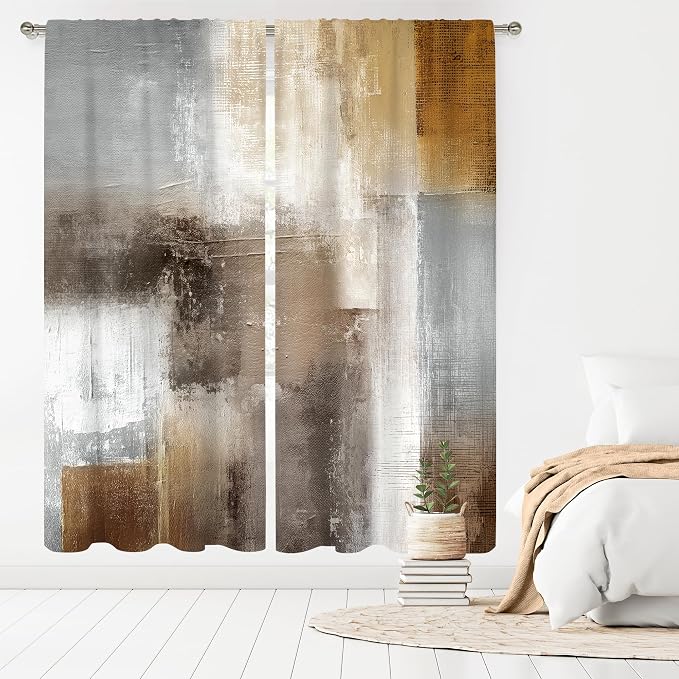 MESHELLY Brown Beige Tan Curtains 42Wx63H Inch Rod Pocket Rustic Vintage Earth Tone Oil Painting Bedroom Window Drapes Aesthetic Modern Neutral Printed Living Room Window Treatment