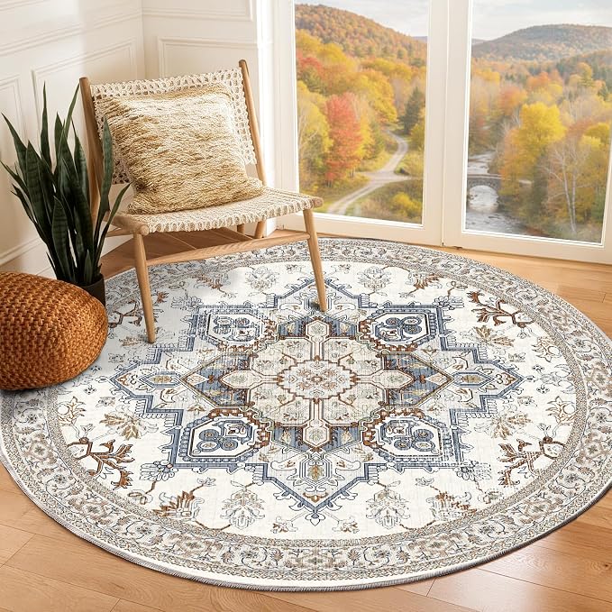 OPPODREAM Soft Round Rug 6ft, Neutral Washable Circle Rug 6ft with Non Slip Backing Play Room, Low-Pile Carpet 6 ft, Faux Cashmere Throw Carpet, Cream White & Blue & Light Brown