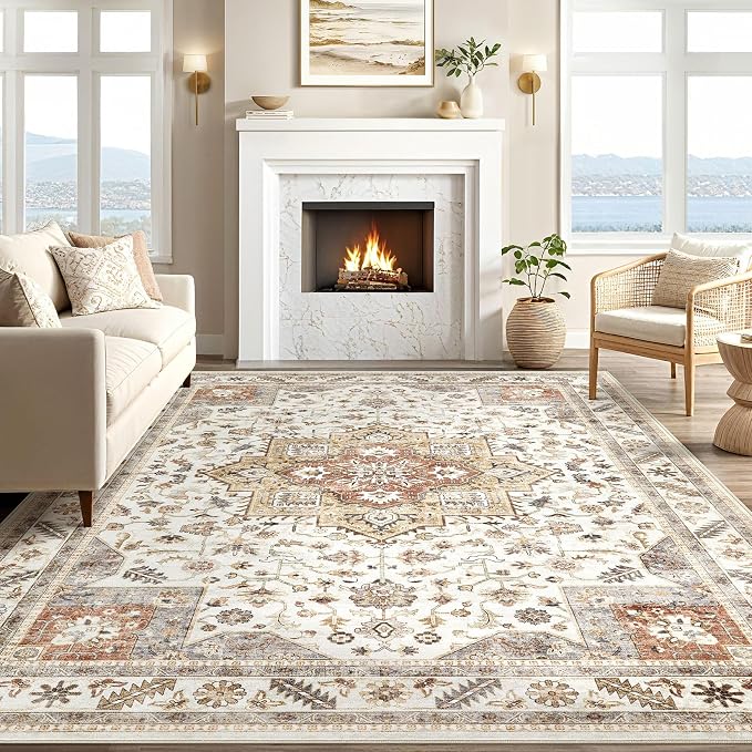 Vintage Living Room Area Rug 9x12 - Large Soft Washable Oriental Traditional Distressed Farmhouse Rugs for Bedroom - Indoor Floor Accent Carpet for Home Office House Decor - Golden Taupe