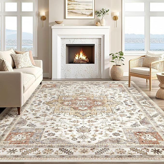 Vintage Living Room Area Rug 7x9 - Large Soft Washable Oriental Traditional Distressed Farmhouse Rugs for Bedroom - Indoor Floor Accent Carpet for Home Office House Decor - Golden Taupe