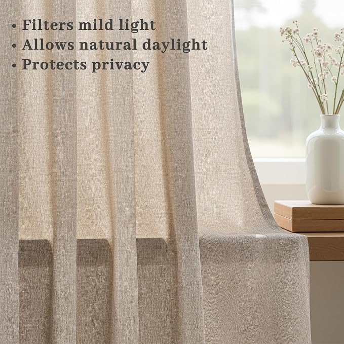 Natural Linen Pinch Pleated Curtains 84 Inch Length 2 Panels for Bedroom,Linen Textured American Farmhouse Semi Sheer Window Curtain Back Tab Pinch Pleat Drapes with Hooks 84 Inches Long