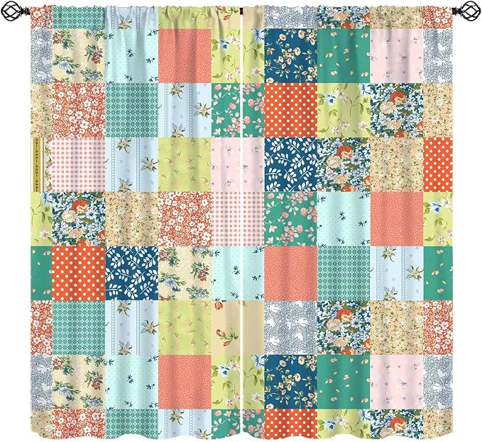 Boho Floral Patchwork Blackout Curtains Farmhouse Patchwork Quilted Country Check Plaid Print Window Drapes for Bedroom Living Room Kitchen Cafe （W21xL63 Inch） x2 Panels