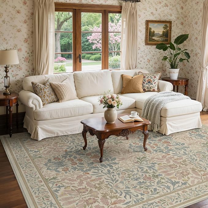 GENIMO 6x9 Washable Living Room Area Rug, Non Slip, Beige Pink | Vintage Boho Floral Low Pile Thin Carpet for Bedroom, Dining Room, Nursery, Indoor Decor