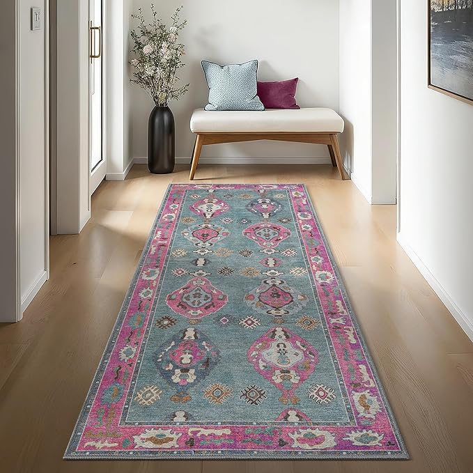 Green Pink Oushak Long Hallway Runner Rug 2'5x12' - Boho Washable Non-Slip Runner Rugs, Vintage Turkish Eclectic Extra Long Runner Rugs for Hallway Kitchen Entryway Foyer Corridor