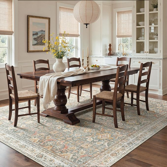 GENIMO 6x9 Area Rugs for Living Room, Machine Washable Non Slip Vintage Rugs, Low Pile Lightweight Chenille Print Rug for Bedroom, Dining Room, Home Office, Turmeric