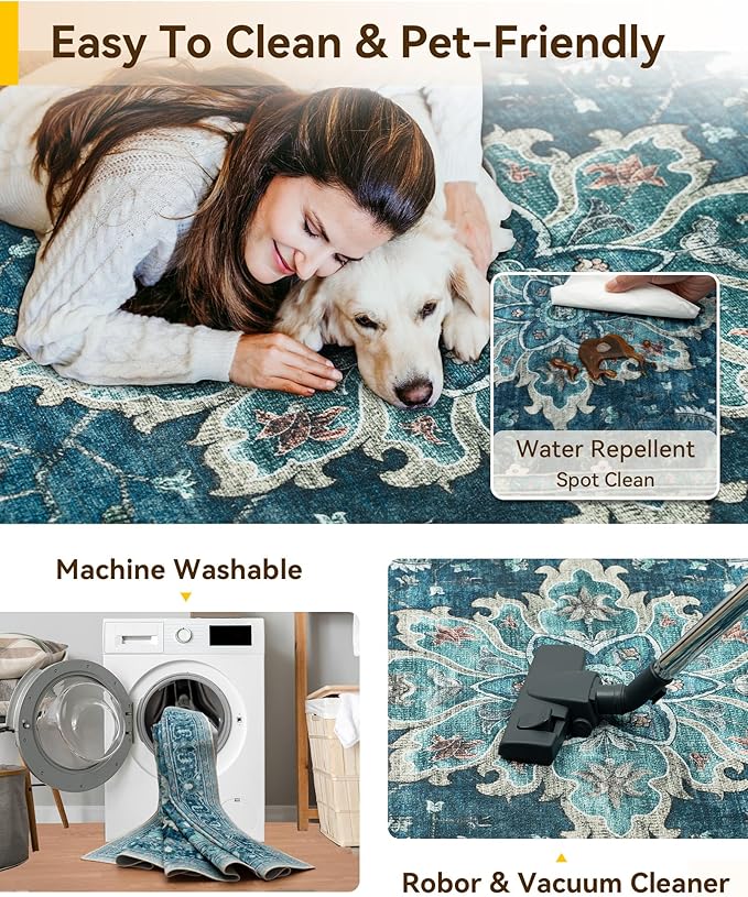 RELEANY Area Rugs Runner 3'x7' Washable Non-Slip, Floral Vintage Distress Medallion Carpet for Kitchen Hallway Bedroom Beside Laundry Room Bathroom, Teal Green Lake Blue Turquoise