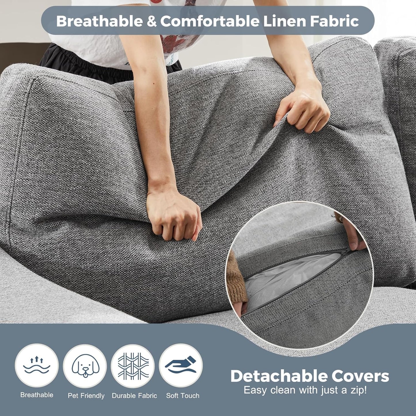 112" L Shaped Sectional Sofa with Detachable Sofa Cover, Reversible Sectional Modular Couch for Living Room, Linen Fabric Corner Couch with 7 Seats, Grey