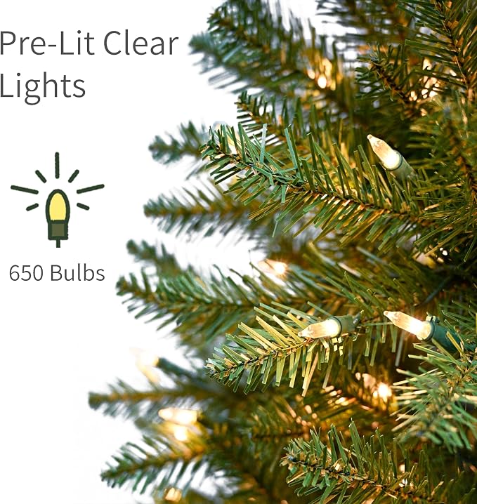 Puleo International 10ft Pre-Lit Fraser Fir Pencil Christmas Tree with 650 Clear Lights, 2436 Realistic Dense Branch Tips, Easy Setup Artificial Trees with Sturdy Metal Stand