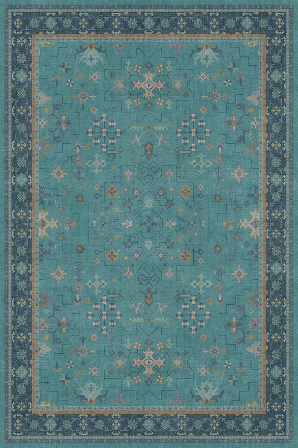 Large Boho 8x12 Teal Green Washable Living Room Rug - Vibrant Turquoise Rug for Bedroom Under Bed, Dining Room Under Table, Geometric Floral Low Pile & Soft Stain Resistant Carpet