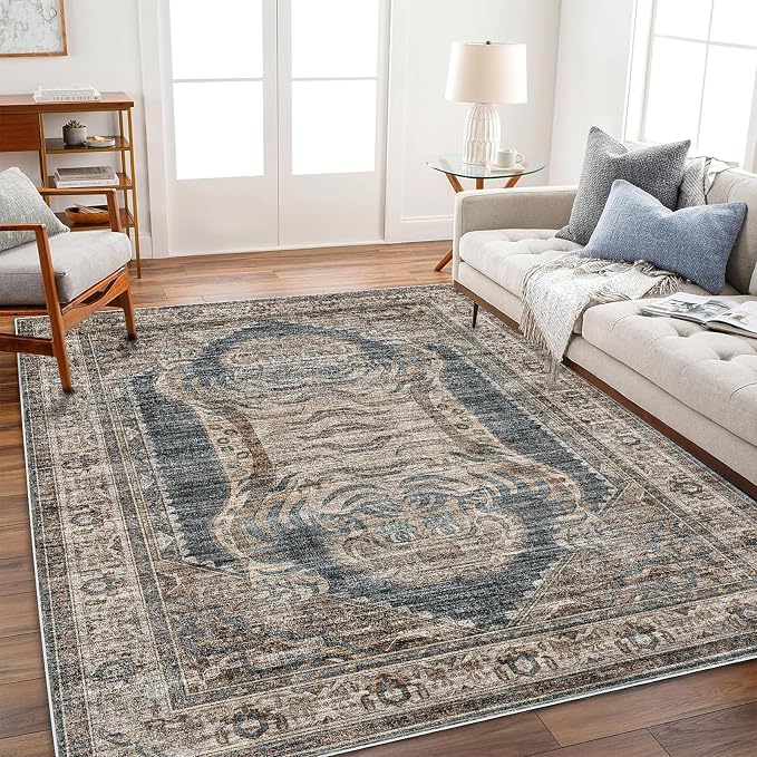 CHAMPLANT Washable Area Rug 4'x6' Vintage Traditional Floor Cover Foldable Thin Rugs Retro Kitchen Indoor Distressed Non Slip Carpet Floral Print Mat Bedroom Living Room