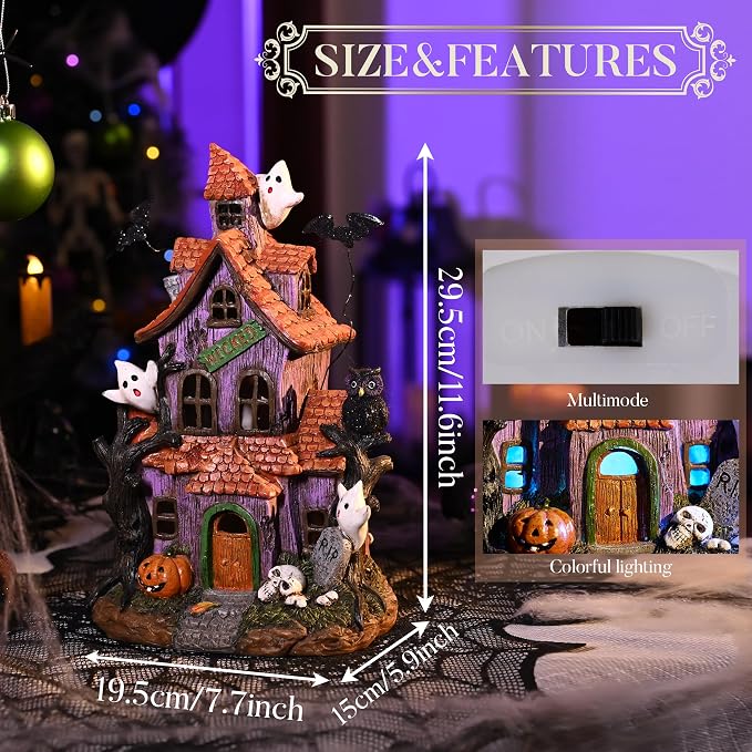 Valery Madelyn Halloween Decorations, Lighted Halloween Village Houses with LED Lights, Resin Spooky Town Happy Haunted House for Home and Party Table Desk Mantel, 12 Inch