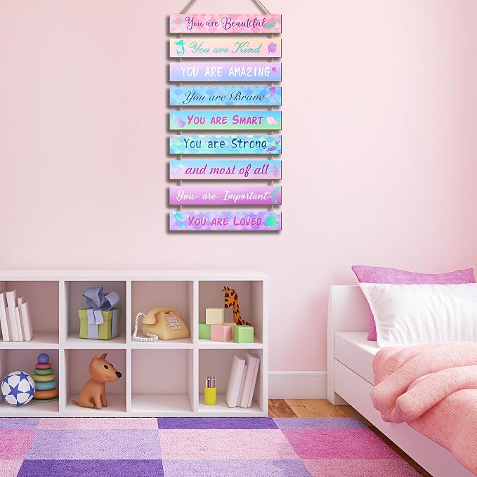 Mermaid Room Decor Set - 9 Pieces, Princess Bedroom Wall Decor, Inspirational Hanging Plaques for Kids & Nursery