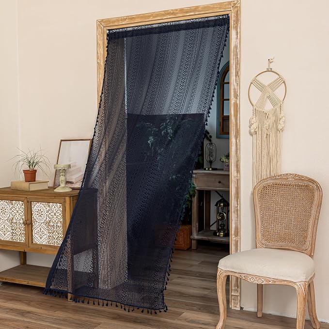 Sutuo Home Navy Blue Boho Doorway Curtain for Doorway Closet, Lace Sheer Door Curtain for Sliding Door Crochet Vintage Tassels Bohemian Privacy Temporary Room Divider Rod Pocket,1 Panel 37" x 80"