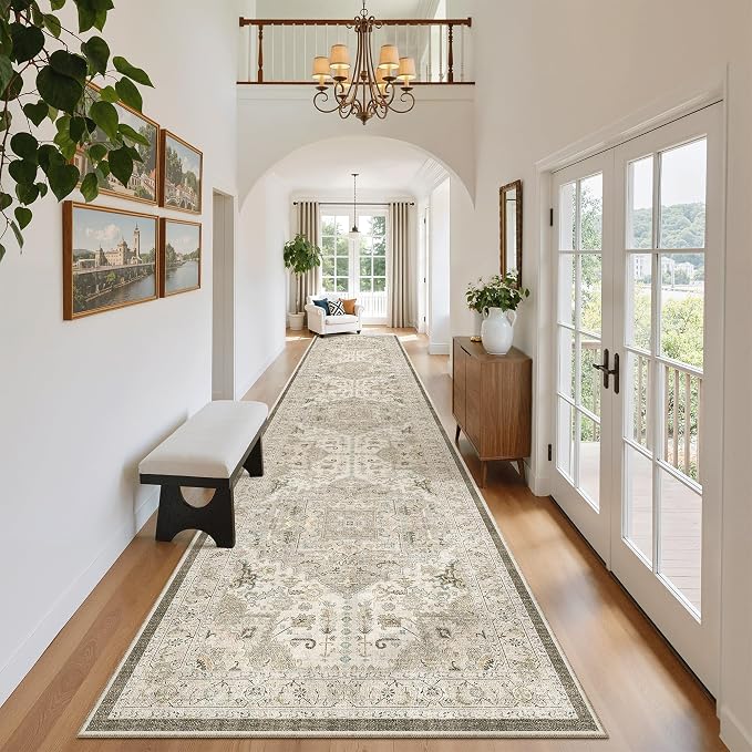 Madane Hallway Runner Rug 2'6''x16' Kitchen Runners Vintage, Ivory/Brown | Long Non-Slip Washable Rugs 16ft for Laundry Room, Entryway and Bedroom, Soft Low Pile Stain-Resistant 2.5x16 Ft Floor Carpet