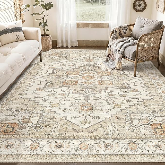 befbee Washable Area Rug 5x7, Area Rugs Stain Resistant Neutral Washable Rugs for Living Room Bedroom Vintage Non-Slip Thin Large Size Area Rug（Gold）
